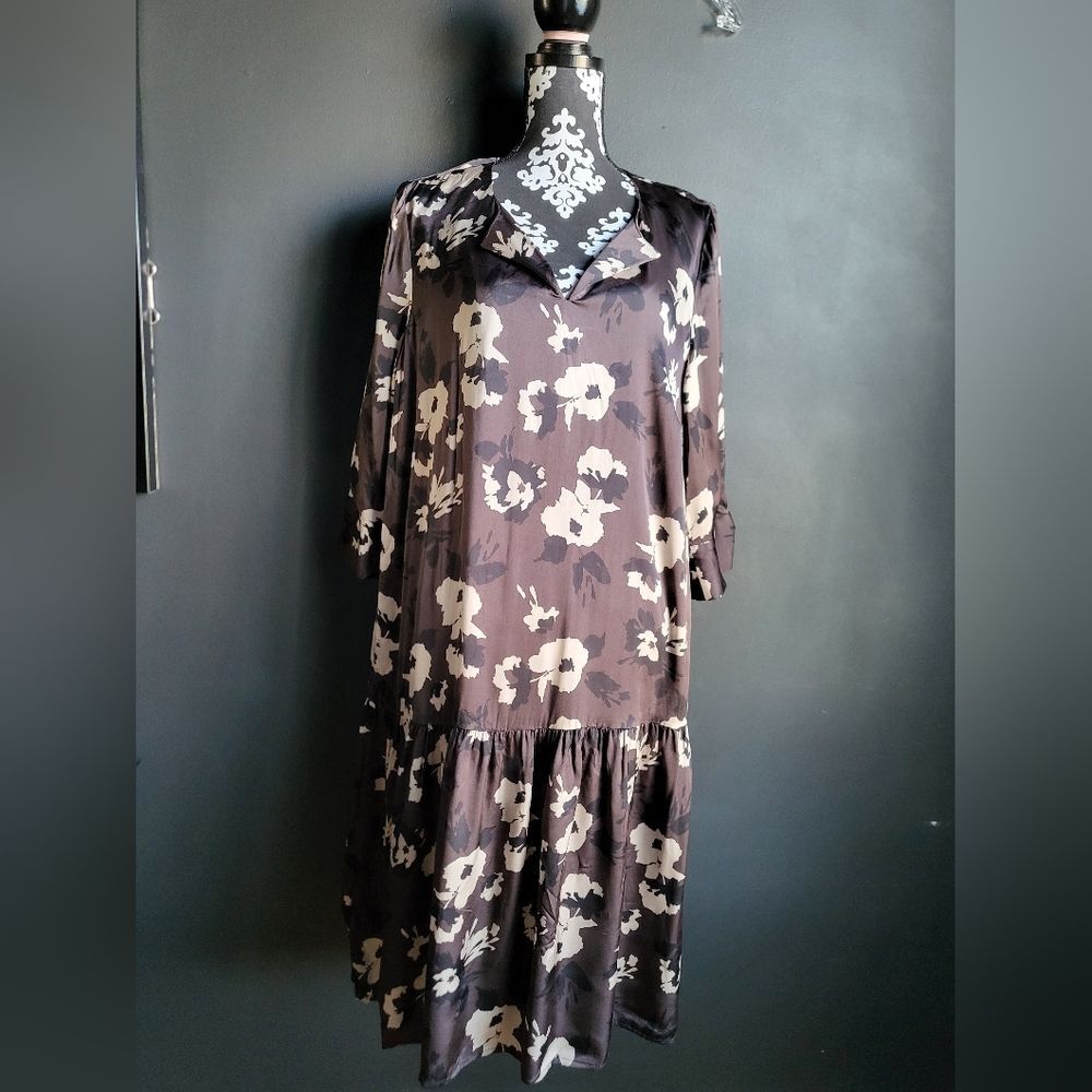 MADELEINE Wide Dress Chocolate Brown Floral Contrast V Neck Plus Size 16